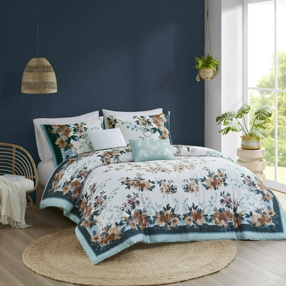 King/Cal King 5 Piece Cotton Floral Comforter Set with Throw Pillows