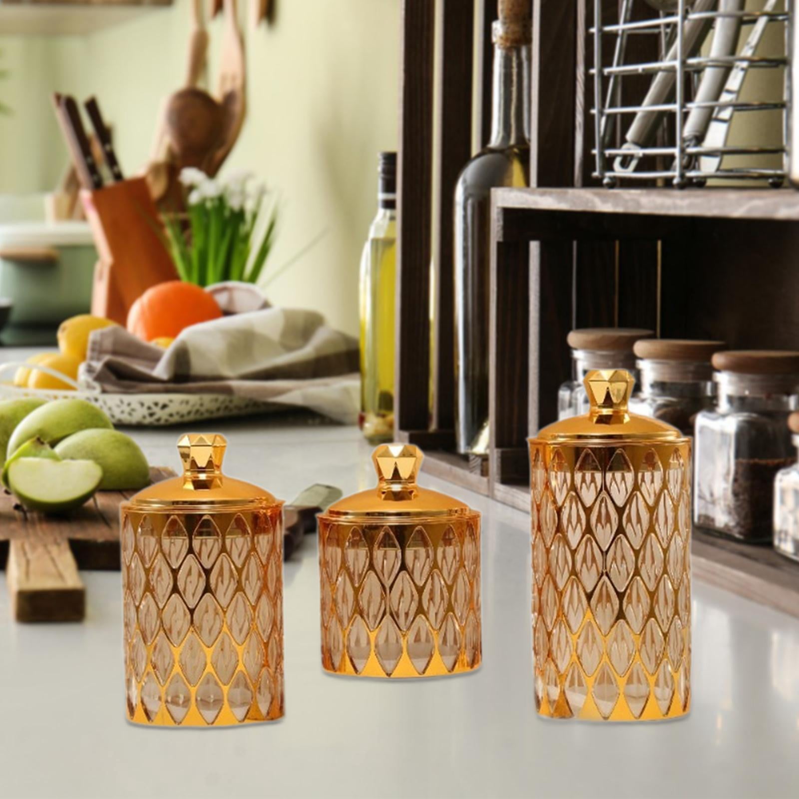 QSTDGVPW 3 Pieces Food Storage Jars with Lid Food Storage Container Tea Canister Airtight Gold trim