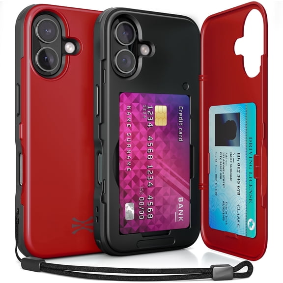 TORU CX SLIM for iPhone 17 Case | Slim Wallet Case with Hidden 2-Card Holder & Card Slot | Shockproof Heavy Duty Cover with Flip Kickstand | Mirror & Strap Included - Red