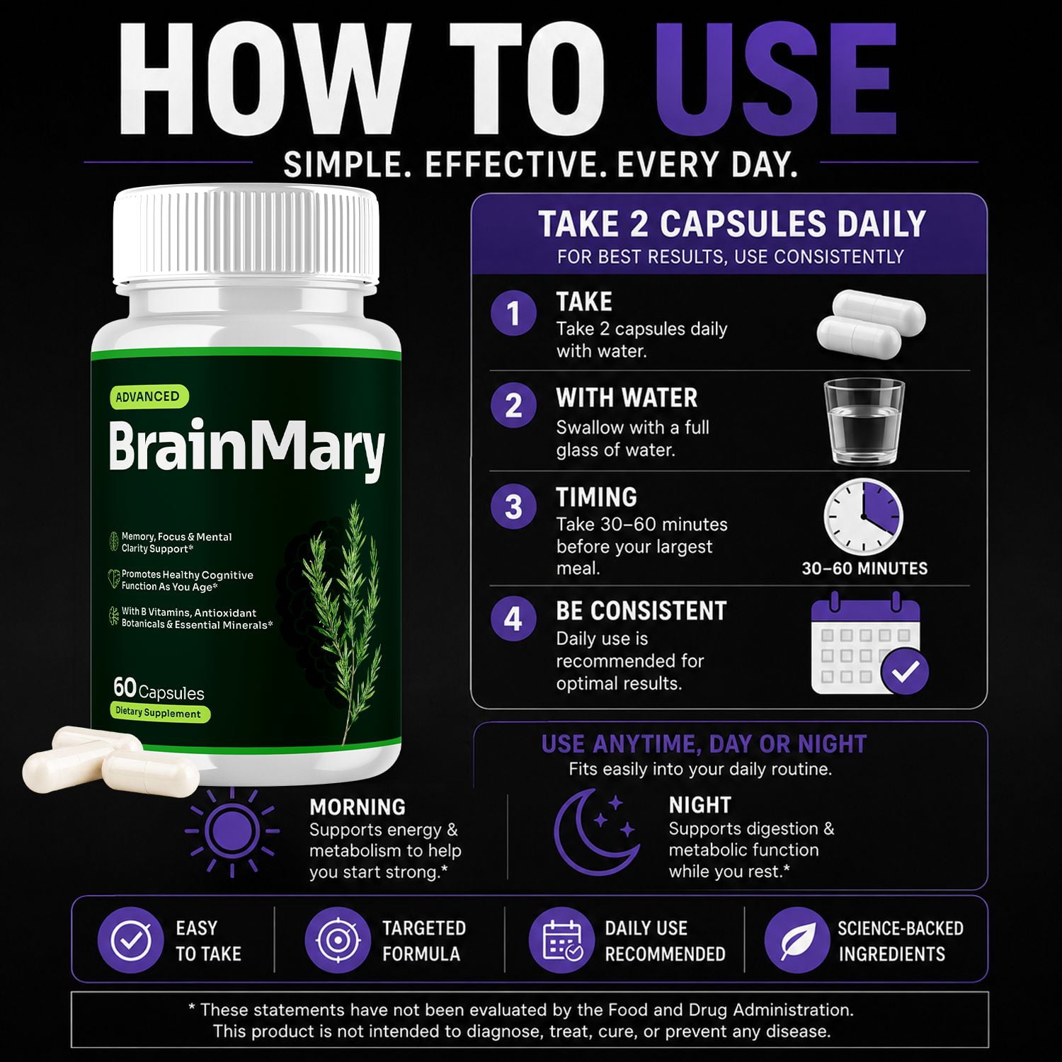 BrainMary Advanced Formula Brain Support Pills Maximum Strength Supplement Brain Mary 180 Capsules