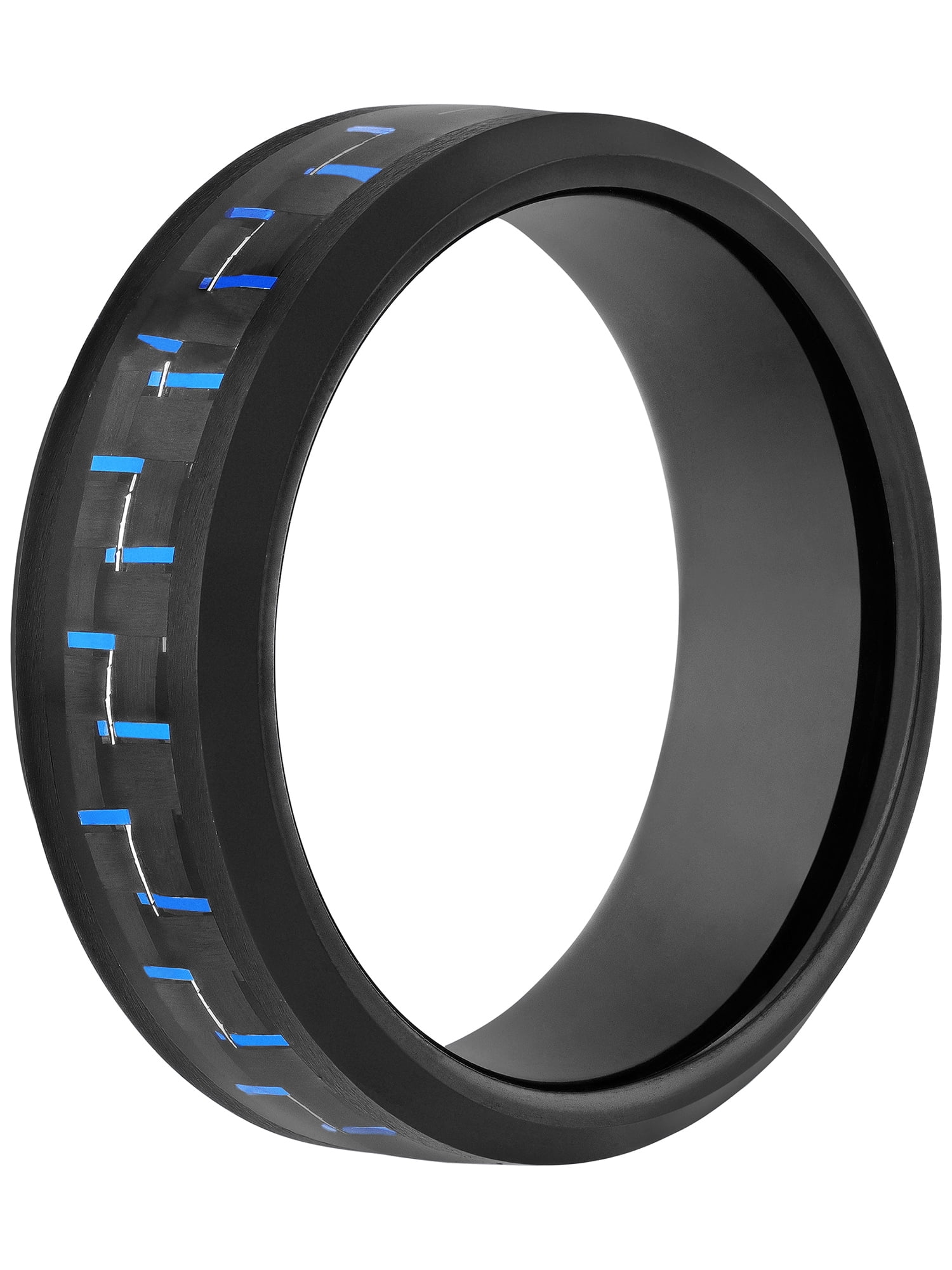 Men's Black and Blue Carbon Fiber Inlaid Ring in Black Tungsten - Wedding Band