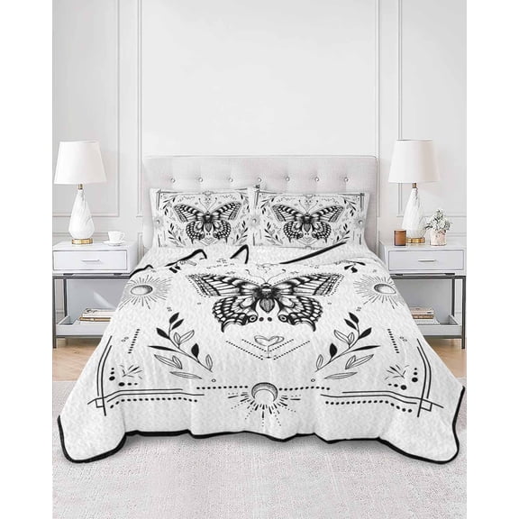 Quilts Twin Size, Black Butterfly Soft Comforter Bedding Set for Bed, Vintage Boho Spring Floral Botancial Lightweight Quilted Bedspread with Pillow Cover(2 Pieces) for All Season, 68x86 Inch
