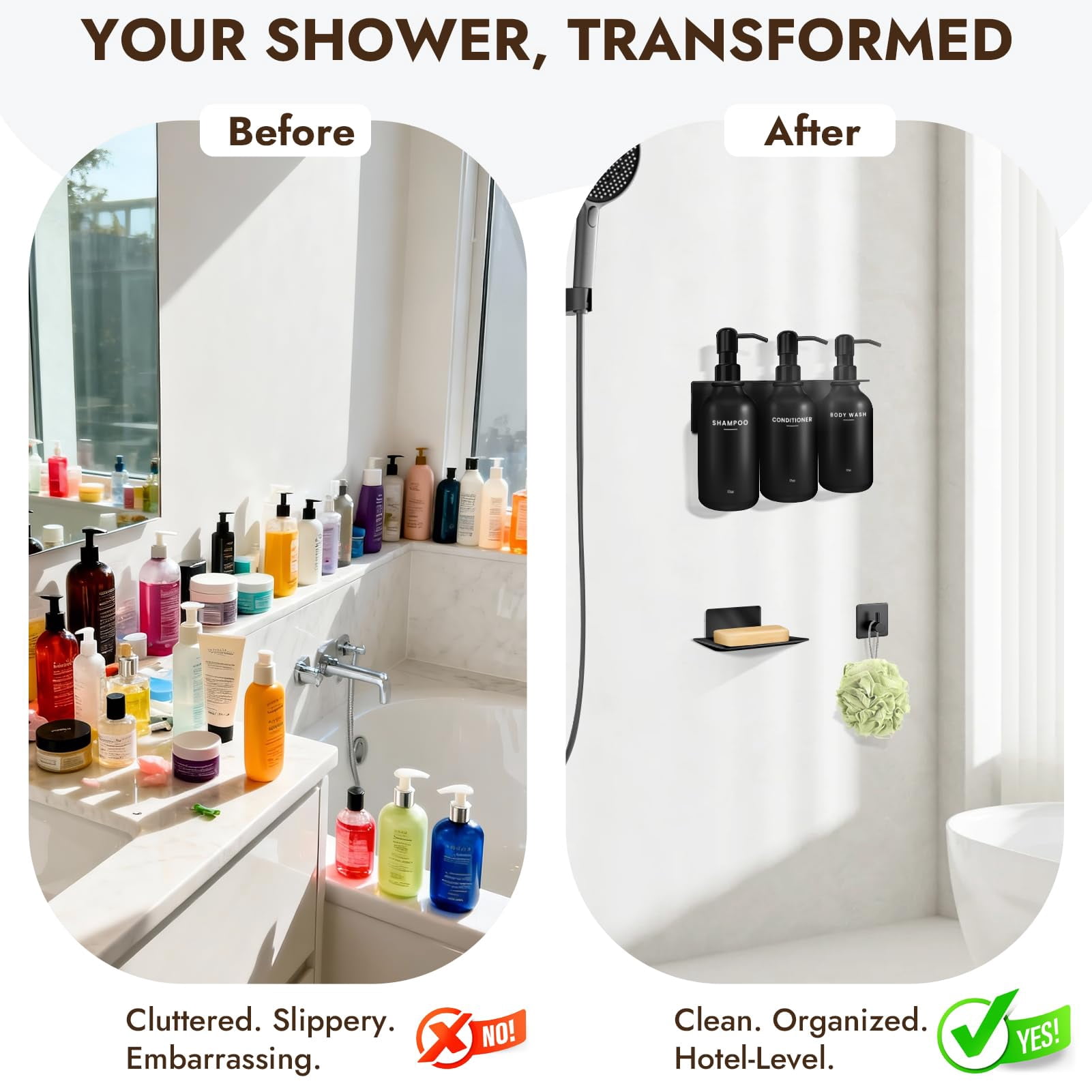 Shampoo and Conditioner Dispenser - Shower Soap Dispenser Wall Mounted - 17 fl oz Set of 3 Black Plastic Bottles with Plastic Pumps & No-Drill Adhesive Holders for Bathroom