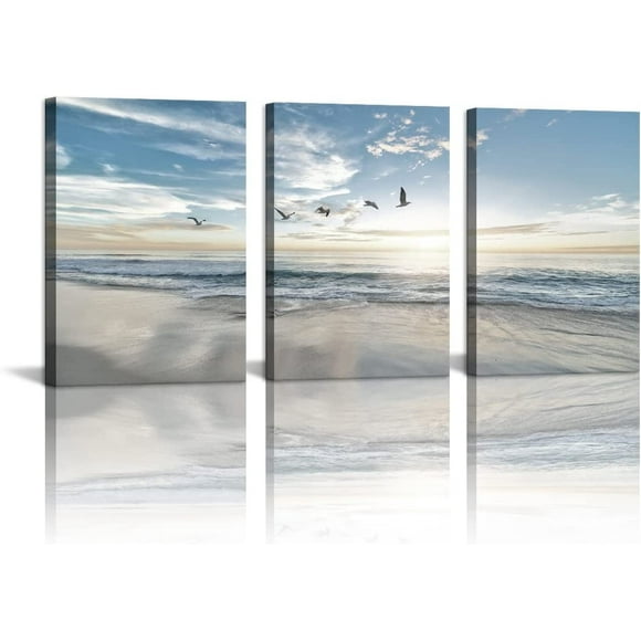 Sunrise on the Sea Canvas Wall Art - Clear Sky White Cloud and Beach Picture Prints - Seagull Seascape Wall Poster for Living Room,Bedroom,Office,12x16inch,3 Panels