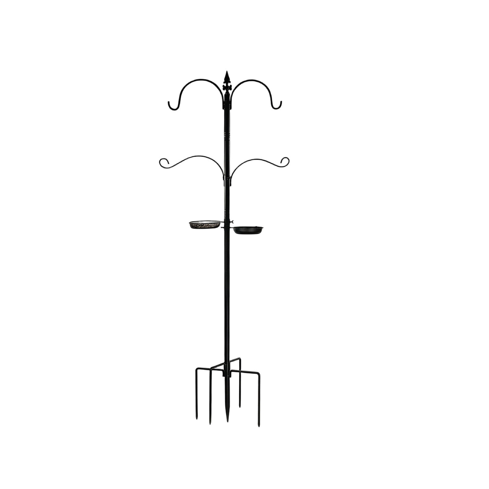 KUKIDSVO 58in Heavy Duty Bird Feeder Pole, 4-Hook Black Iron Garden Stake with Trays for Hanging Plants Lanterns Outdoor Yard Decor