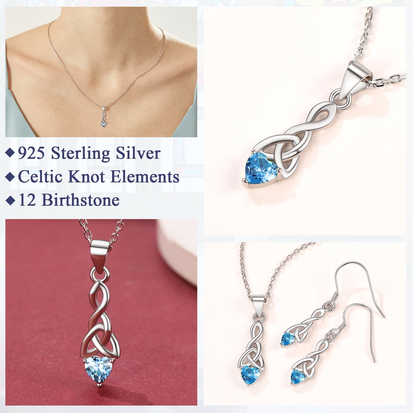 FaithHeart March Birthstone Heart Necklace for Women Celtic Knot Pendant Necklace 925 Sterling Silver Mother Daughter Christmas Birthday Jewelry Gift