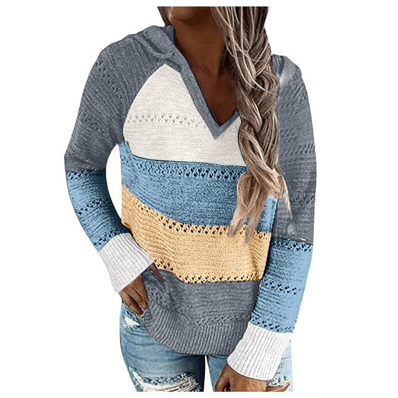 dmqupv Cold Sweater Fashion Women Casual Patchwork V-Neck Long Sleeves Hooded Sweater Blouse Tops Womens Knit Sweater Sweater Grey Medium