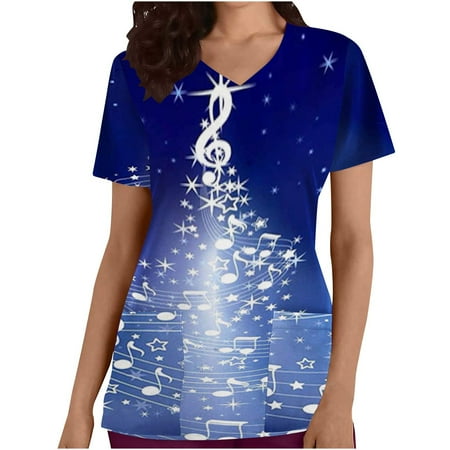 

Yyeselk Womens Scrub Tops Stretch Workwear Graphic Printed V-Neck Nursing Scrubs with Pockets Nurse Working Uniforms Nursing Blouses Pullover Shirts T-Shirts Tshirts Tee Shirt Blue M