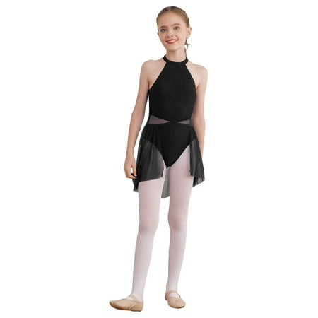 Eandarui Kids Girls Lyrical Dance Dress Modern Contemporary Costume Sleeveless Halter Leotard Ballet Black 14