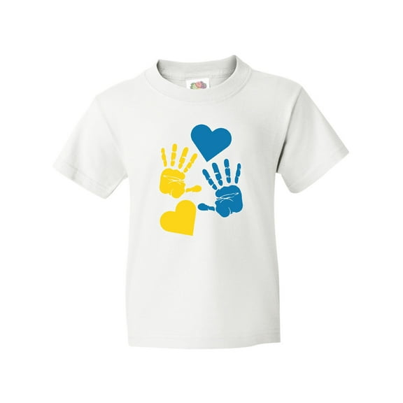 Inktastic Down Syndrome Awareness with Handprints and Hearts Blue and Yellow Youth T-Shirt
