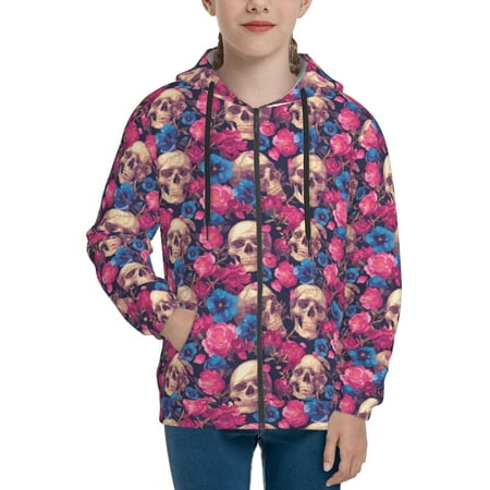 

Hoodies for Women Skull rose blue flower Long Sleeve Sweatshirt Drawstring Zip Up Hoodie with Pockets Teen Girl Clothes
