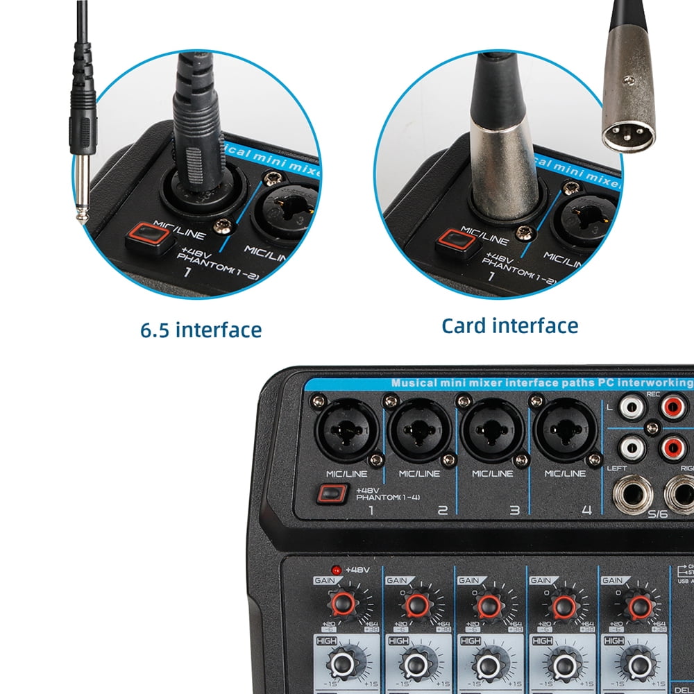 6-Channel Audio Mixer with Bluetooth, USB, and LED Display, Featuring Phantom Power and&nbsp; Sound Control for&nbsp; Use