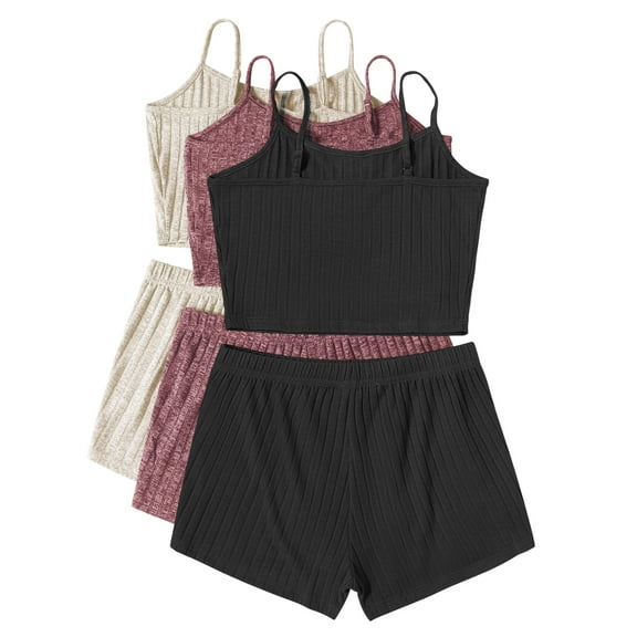 Ekouaer 3 Sets for Women Ribbed Pajamas Crop Cami Top and Shorts Pjs Casual Sleeveless Button Lounge Set Sleepwear