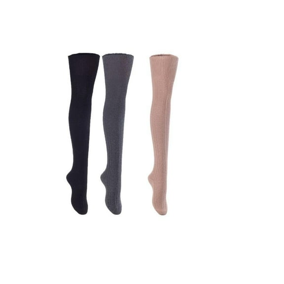 Lian LifeStyle Women's 3 Pairs Fashion Thigh High Cotton Socks JMYP1025-05 Size 6-9(Khaki, Dark Grey, Black)