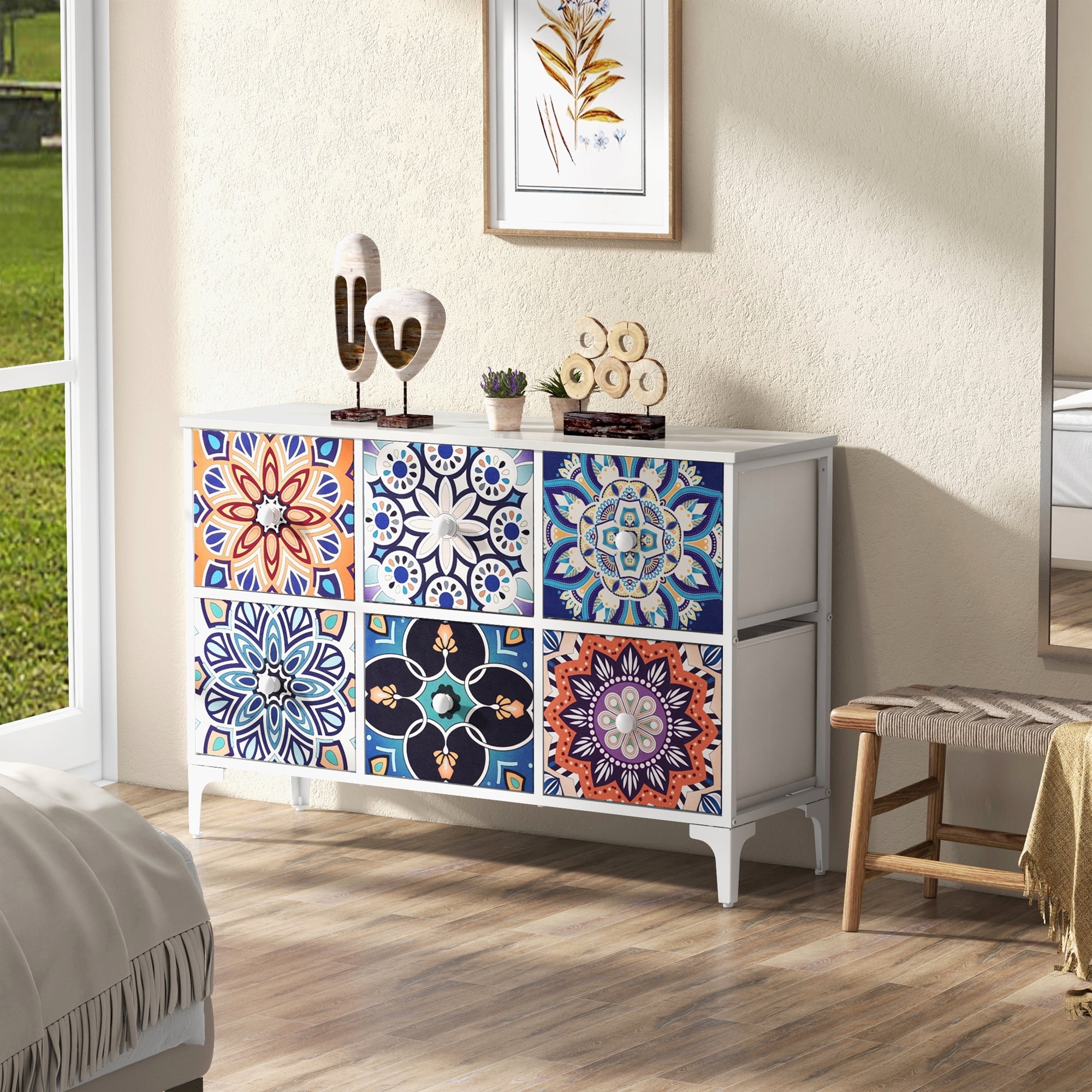 Dresser TV Stand for Bedroom, Wide Dresser with 6 Drawers, Console Table Chest of Drawers Fabric Dressers for Kids, Living Room, Closet, Entryway,Sturdy Steel Frame and Wooden Top