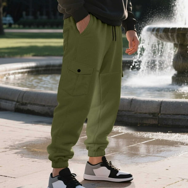 Pantalones largos para hombre, estilo casual, a la moda, con cordón en la cintura y múltiples bolsillos, elásticos, para sujetar los pies, de rayón.