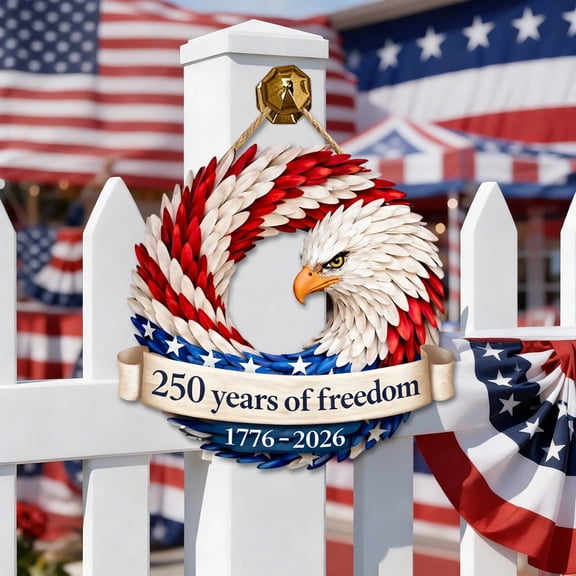 250th Anniversary Eagle Wreath, Wooden Eagle Wreaths for Front Door, Patriotic Brave Wings Wreath, Red White & Blue Flag Wreaths, Decor for 4th of July, Independence Day & Veterans Day