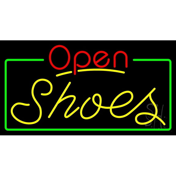 Yellow Shoes Open With Border LED Neon Sign 13 x 24 - inches, Black Square Cut Acrylic Backing, with Dimmer - Bright and Premium built indoor LED Neon Sign for store interior Décor, Storefront.