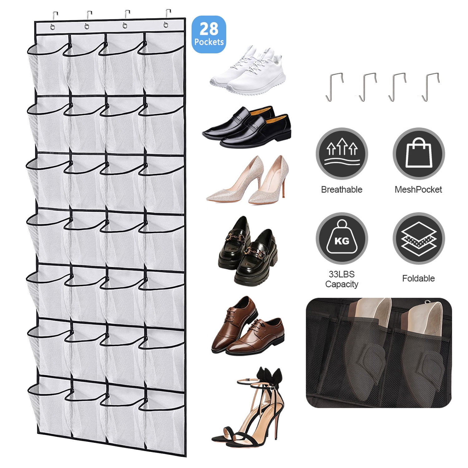 Aggxpf Shoe Organizer, 28 Large Pockets Over the Door Mesh Shoe Storage