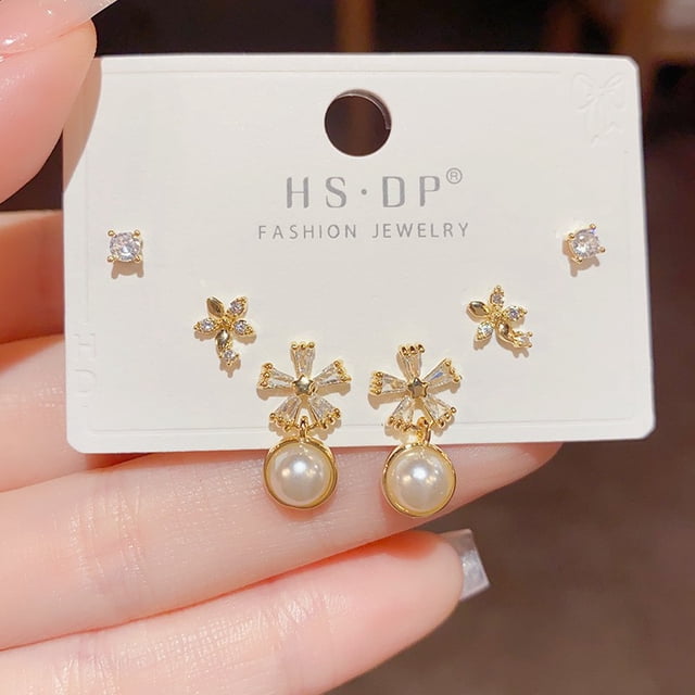 Pendientes cortos con microincrustaciones de circonitas y aguja de plata S925, pendientes de pelo corto, pendientes elegantes japoneses y coreanos de tres piezas, sencillos y combinables para mujer