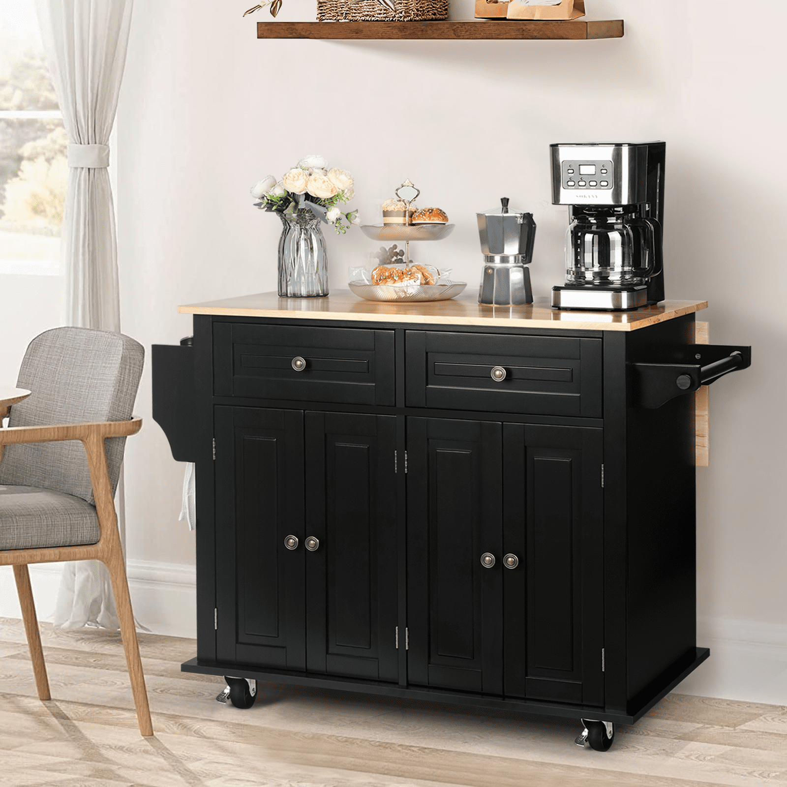 RichYa Rolling Kitchen Islands Cart on Wheels with Storage and Drop Leaf, Microwave Table with Rubber Wood Top, Drawers and Spice & Towel Rack,Black