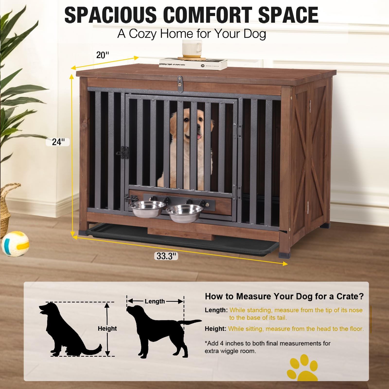 Aivituvin Folding Dog Crate Furniture Portable Metal Dog Kennel with Bowls & Tray, Dog Crate for Small & Medium Dogs with Opening Roof, Brown