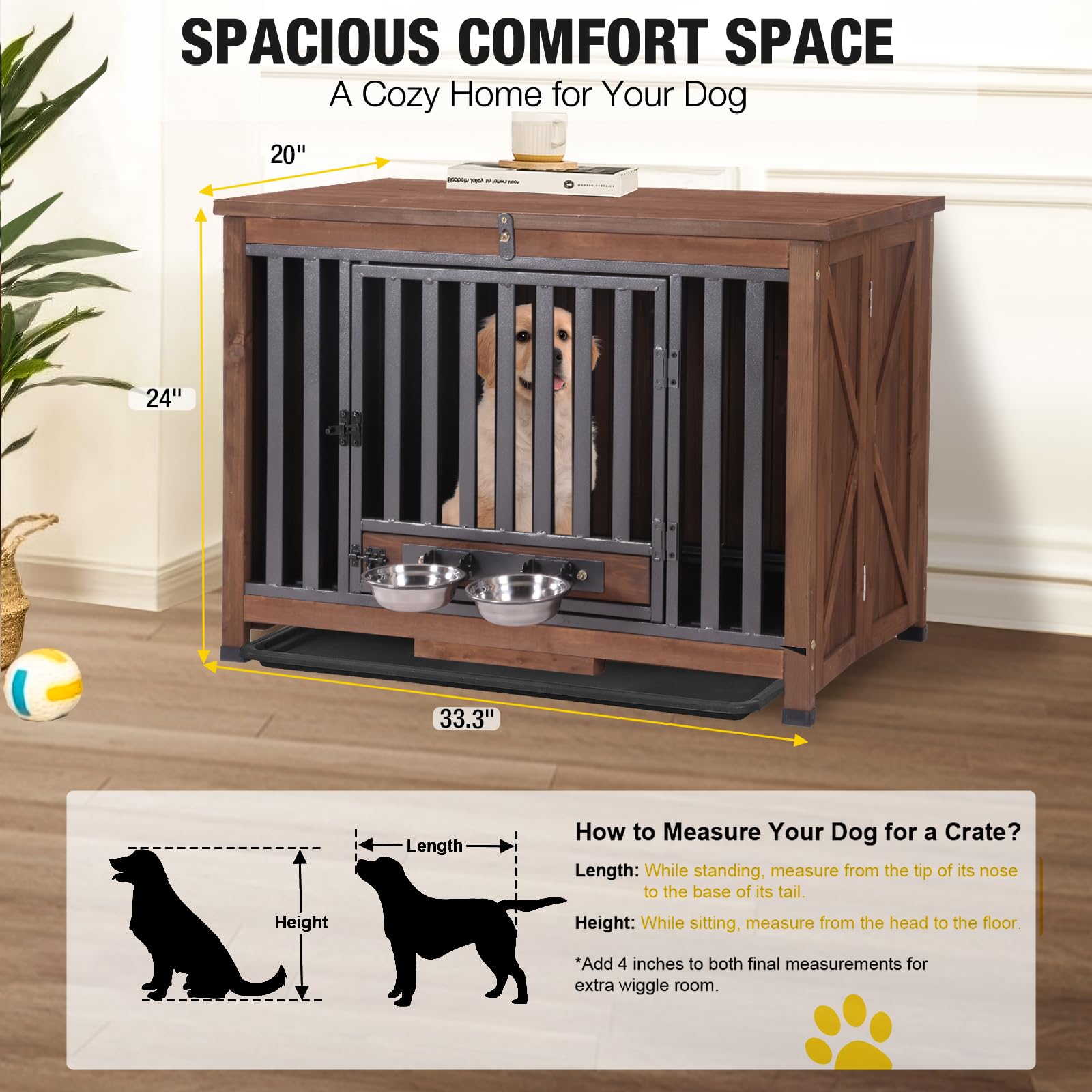 Aivituvin Folding Dog Crate Furniture with Bowls & Tray photo 5