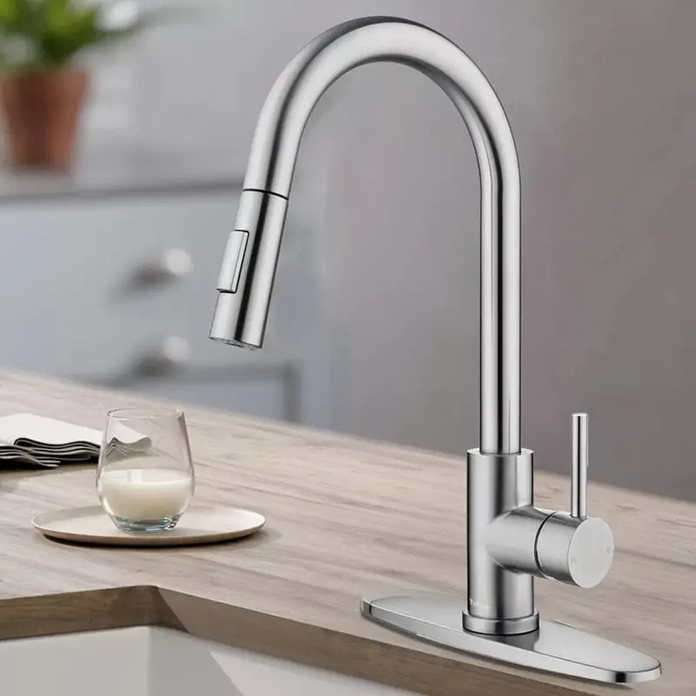 Brushed Nickel Kitchen Sink Faucet Pull Down Sprayer Single Handle Swivel Mixer