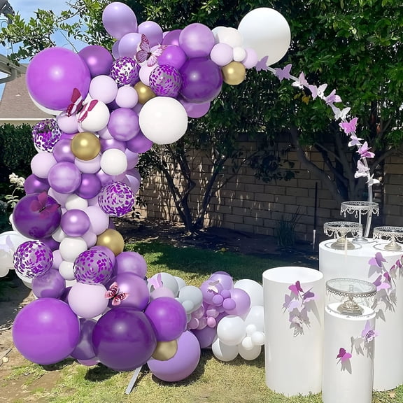 CCOCC Purple Balloon Arch Kit,Purple White Balloons Garland Butterfly Latex Decoration Supplies Girls Baby Shower for Valentine's Day,Mother's Day Birthday Wedding Party Decorations
