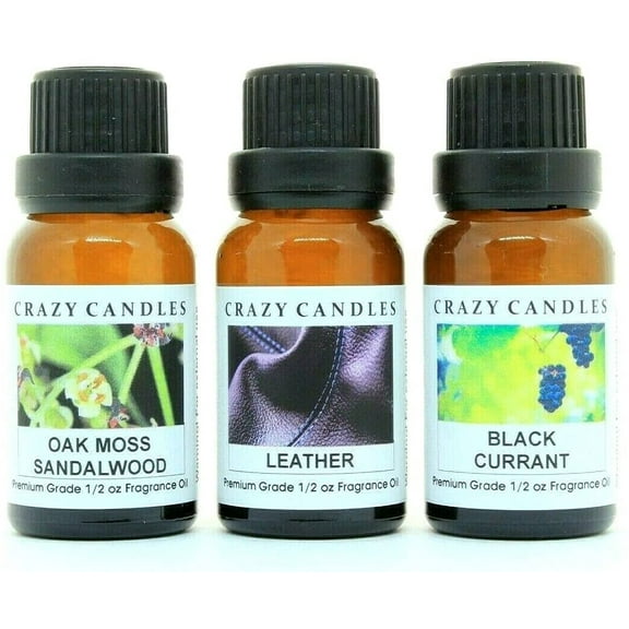 Crazy Candles 3 Bottles Set, 1 Leather, 1 Oakmoss Sandalwood, 1 Black Currant 1/2 Fl Oz Each (15ml) Premium Grade Scented Fragrance Oils (MADE IN USA)