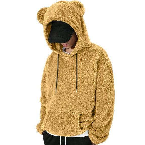 Men's Bear Ear Hoodies Drawstring Long Sleeve Fleece Sweatshirt Fuzzy Pullover