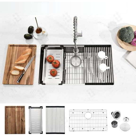 32 Inch Undermount Workstation Kitchen Sink,Handmade Stainless Steel Large Single Bowl workstation Ledge Undermount Sink