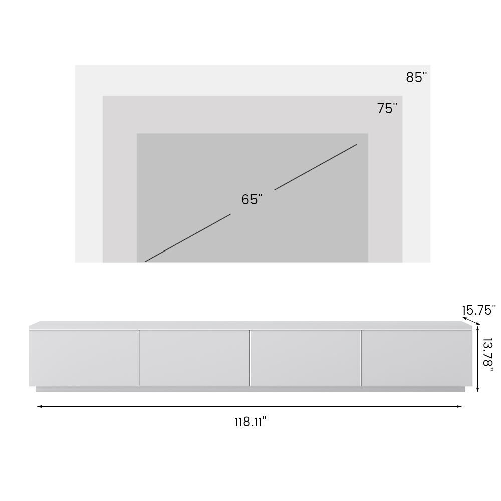 POVISON 118" Modern White Matte TV Stand，Minimalist Large Entertainment Center for up to 100 Inch TV with 4 Drawers