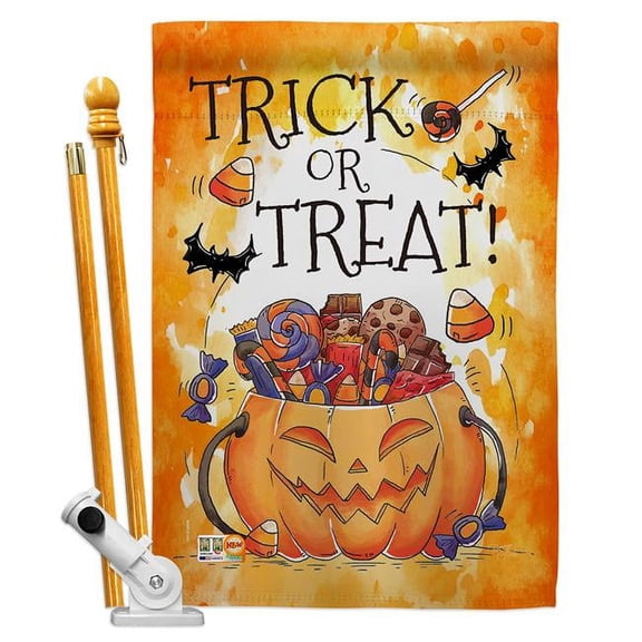 Breeze Decor BD-HO-HS-112078-IP-BO-D-US18-BD 28 x 40 in. Trick or Treat Candys Fall Halloween Impressions Decorative Vertical Double Sided House Flag Set with Pole Bracket & Hardware