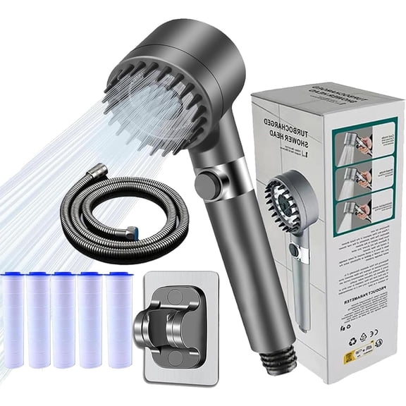 Filtered Handheld Shower Head, High Pressure Ion Drops Shower Head with 4 Spray Modes, ON/OFF Switch, 5 Filters & 4.9ft Hose for Enhanced Water & Pets Bath