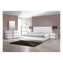 White Lacquer 6PC Modern Bedroom Set, Queen Size Bed, 2x Nightstand, Dresser, Mirror and Chest