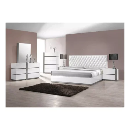 White Lacquer 6PC Modern Bedroom Set, California King Bed, 2x Nightstand, Dresser, Mirror and Chest