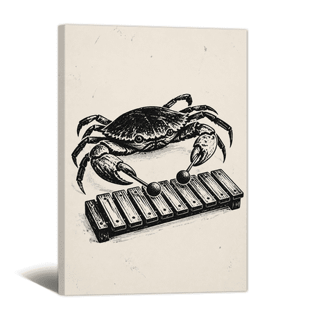 Crab Play Xylophone Canvas Wall Art Rocking Animal Funny Picture Print Surreal Abstract Artwork Whimsical Music Paintings for Living Room Bedroom Home Office Decor