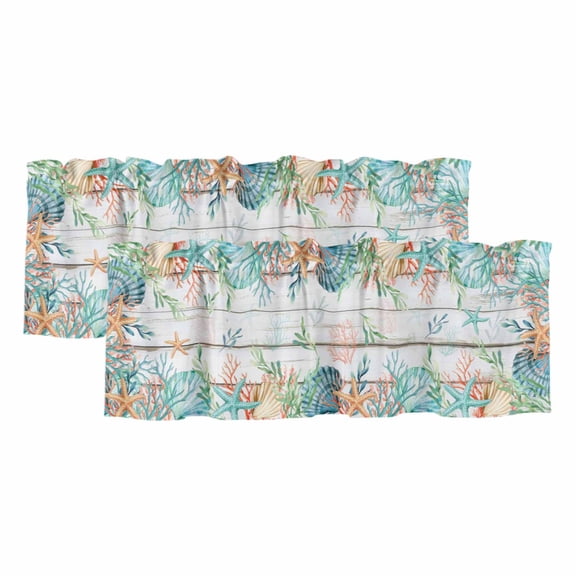 Beach Coastal Valances for Windows, Summer Coral Starfish Nautical Ocean Retro Light Filtering Kitchen Curtains, Rod Pocket Window Valance Curtains for Living Room Bedroom, 54" W x 18" L, 2 Panels