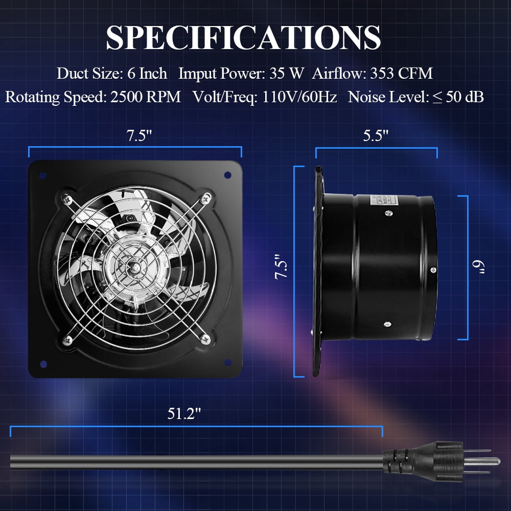 WiseWater 353 CFM Wall Mounted Ventilation Fan, 2500 RPM Black
