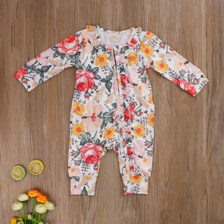 

Toddler Baby Boy Girl Jumpsuit Long Sleeve Crew Neck Button Front Ruffle Floral Romper
