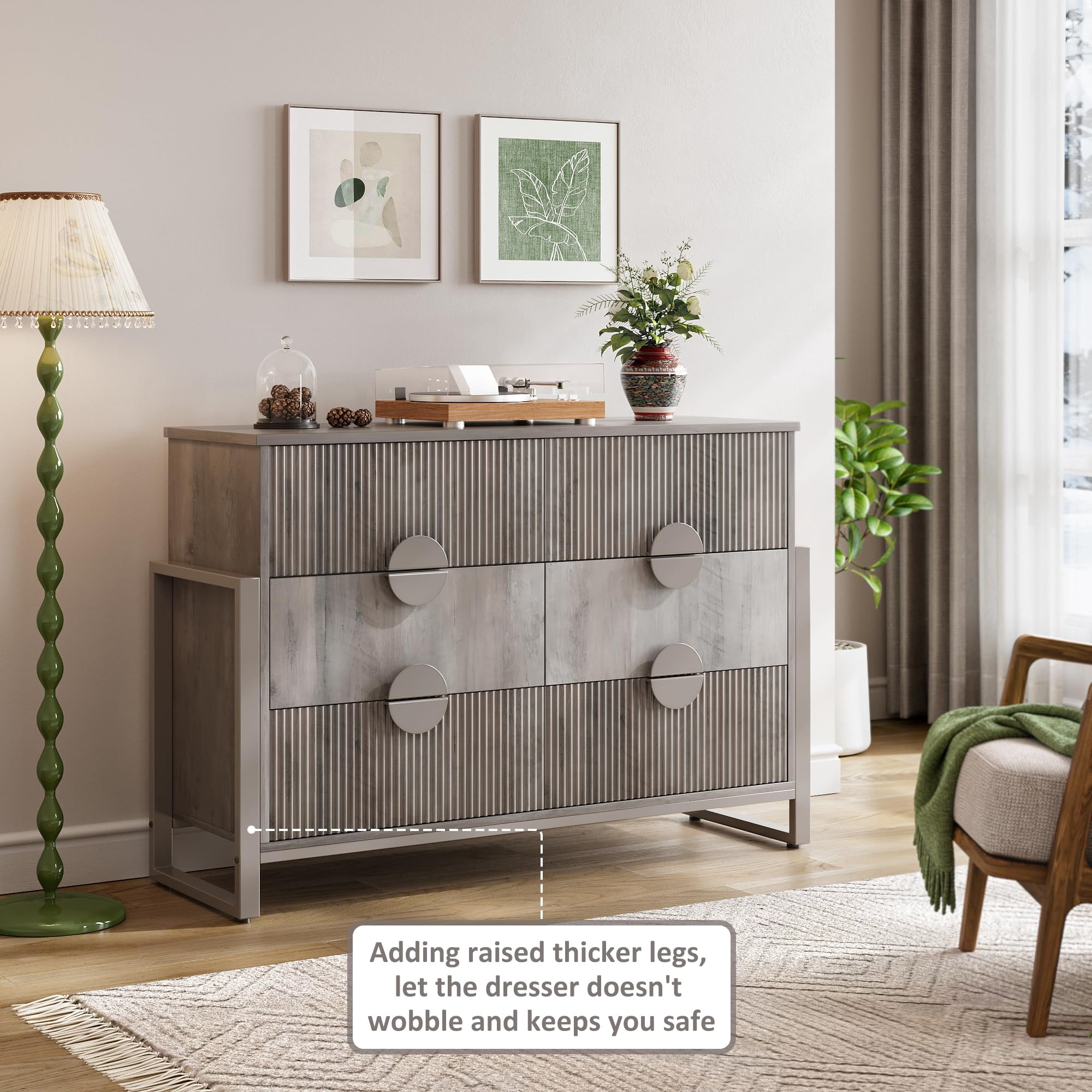 Gray 6 Drawer Dresser for Bedroom, Modern Wide Chest Of Drawers Wood Storage Cabinet for Living Room