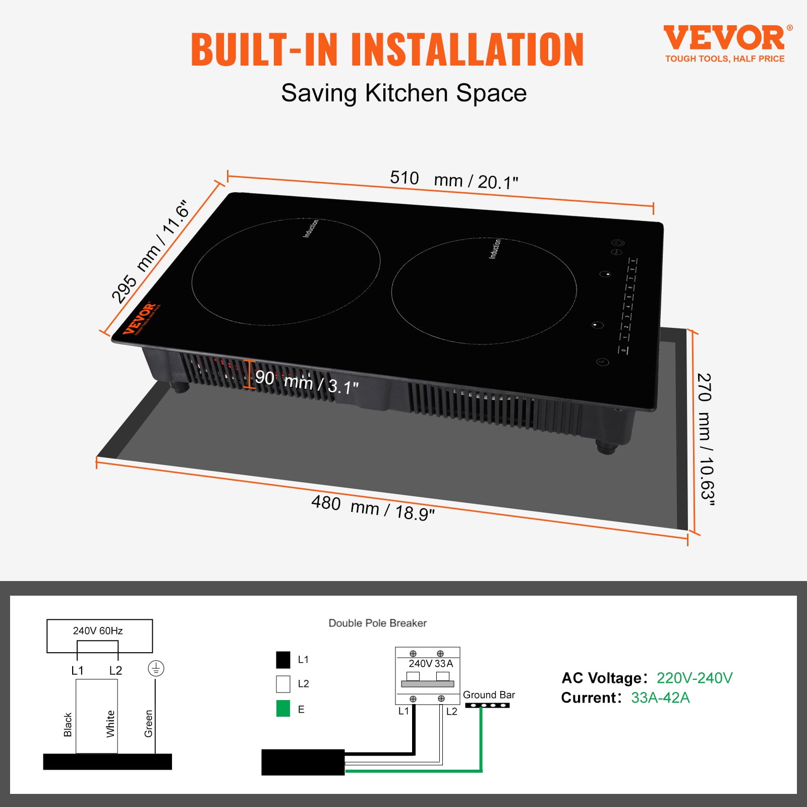 BENTISM 12 inch Electric Cooktop 2 Burners 1800W Stove Top Touch Control