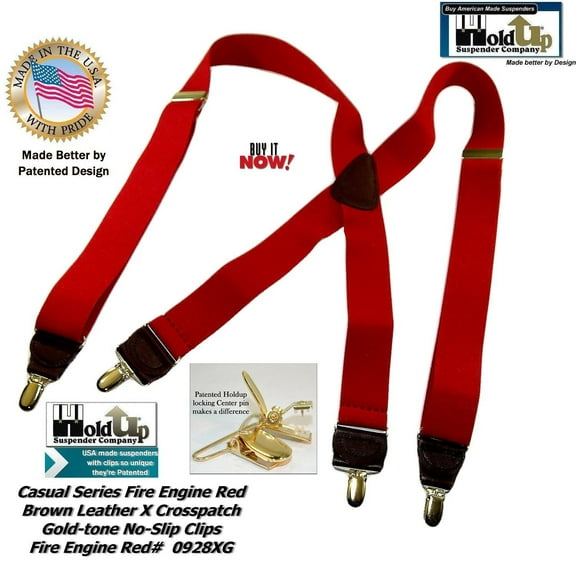 Holdup's Fire Engine Red Casual Series Suspenders in X-back Style with Patented No-slip Gold Clips