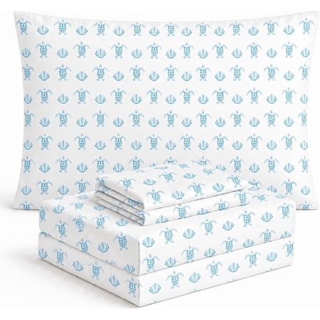 Seashells and Turtles Sheets King Bedding Set - Super Soft 4-Piece Coastal-Themed Bed Sheet Set for Kids & Teens - Sea Turtle & Seashell Bedding & Room Décor