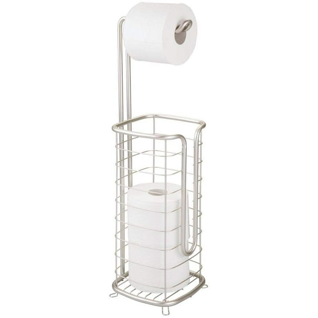 Support et Distributeur de Papier Toilette en Métal Autoportant, avec Rangement pour 3 Rouleaux de Papier Toilette de Rechange Tout en Distribuant 1 Rouleau pour Salles de Bains/salles à Poudres - Contient des Méga Rouleaux - Satin