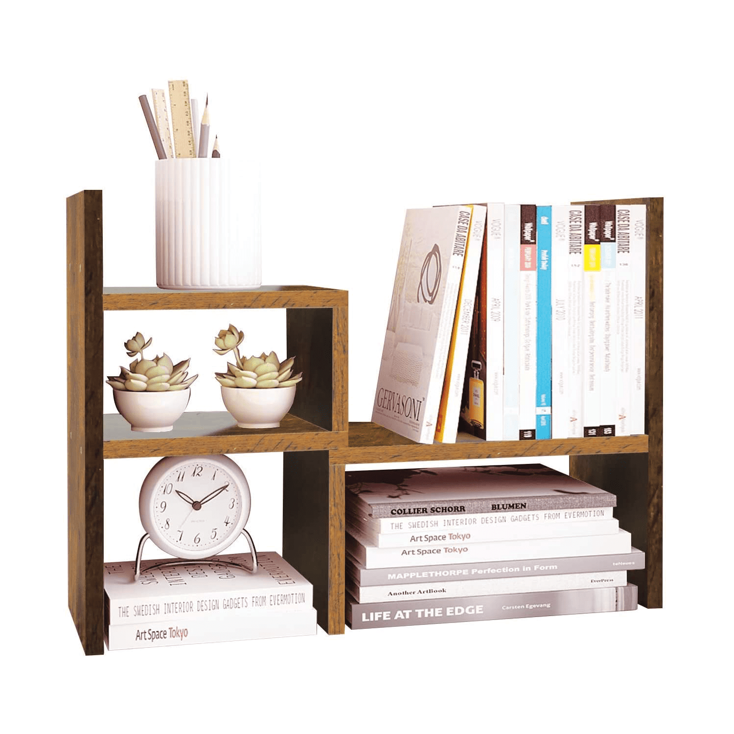Adjustable Wood Desktop Organizer Office Storage Rack for Home Brown