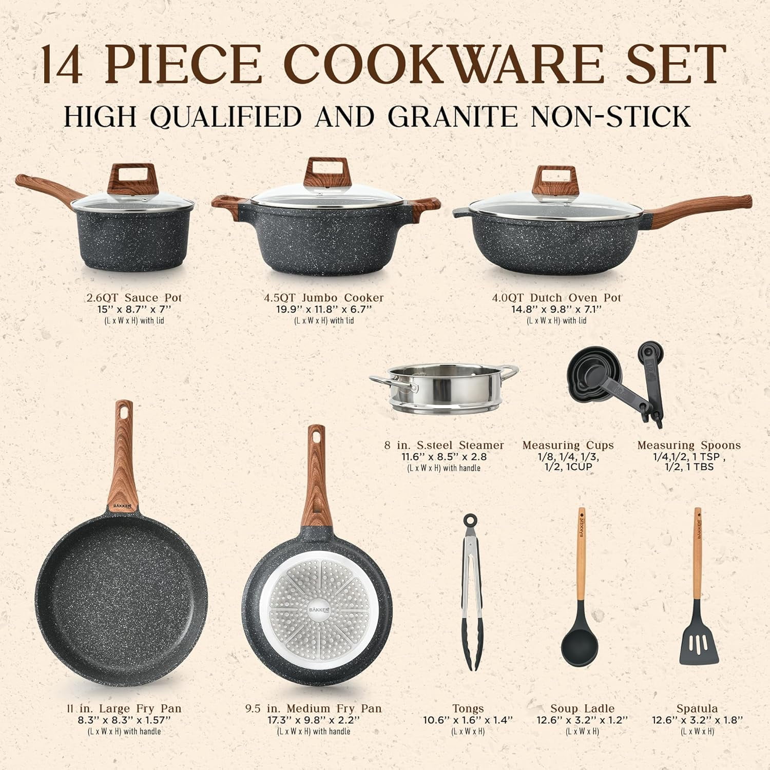 Bakken-Swiss 14-Piece Kitchen Cookware Set – Granite Non-Stick – Eco-Friendly – for All Stoves & Oven-Safe - Marble coating