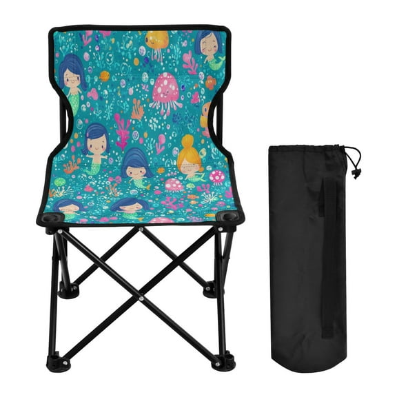 WOBOGO Cartoon Mermaids Blue Pattern Camping Chair Convenient Four Corner Backrest Folding Stool Can Hold Up to 220lbs