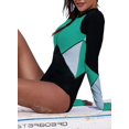 thumbnail image 3 of Womens Color Block Print One Piece Swimsuit Zip Front Long Sleeve Rash Guard Surfing Swimsuit Swimwear, 3 of 6